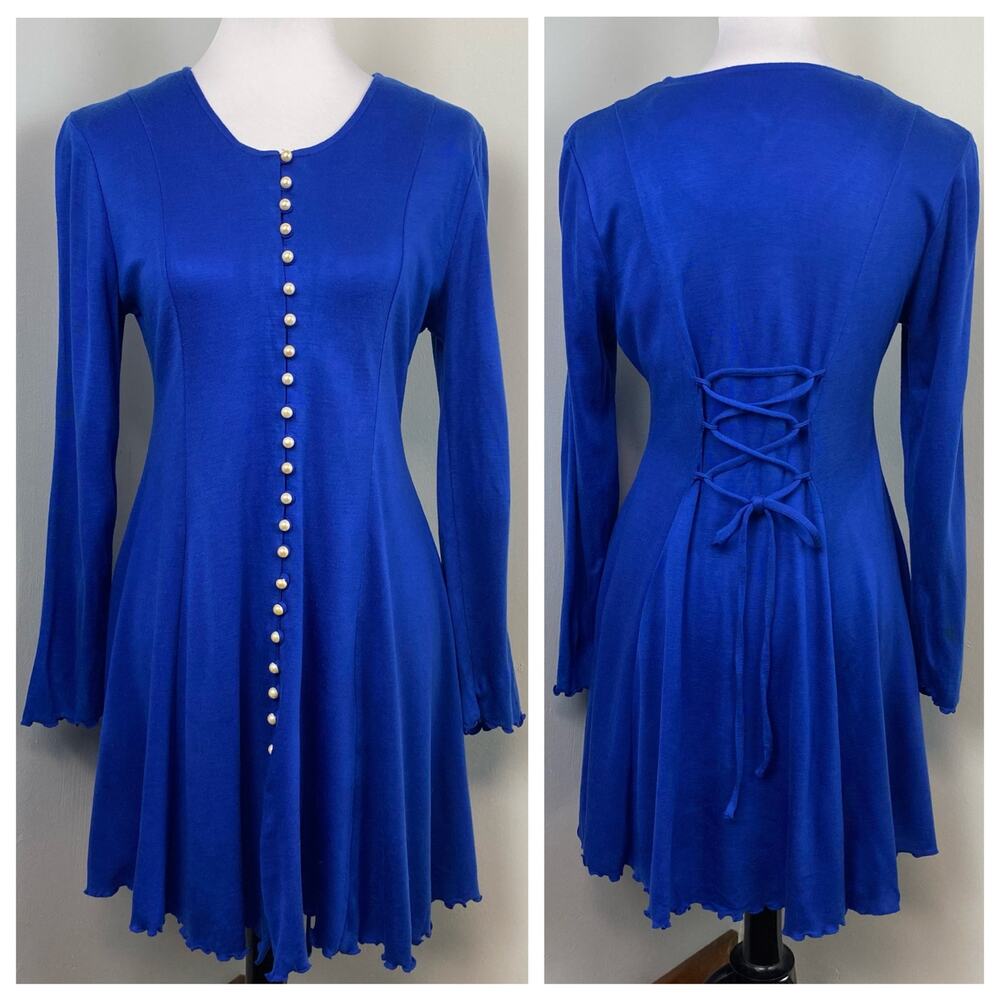 Vintage California Gold Rush Blue Long Sleeve Swing Dress Pearl Buttons Size 10